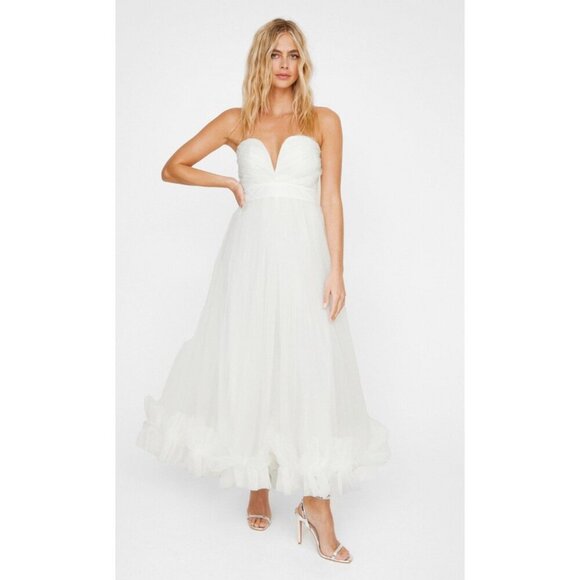 NEW! NASTY GAL STRAPLESS Tulle Bandeau RUFFLE Hem Midi Dress White SZ 6 - Picture 2 of 11